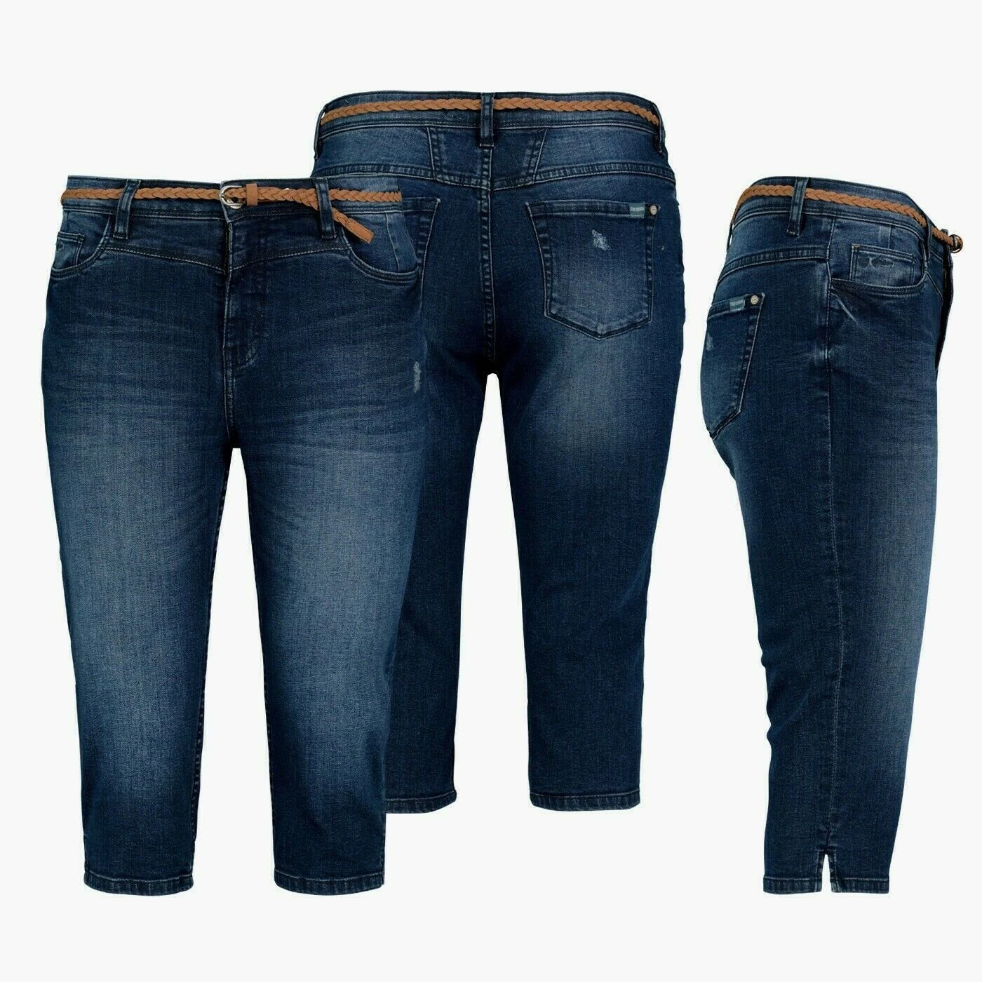 SUBLEVEL Bermudas Damen Capri Hose Jeans Shorts 3/4 Hose Short Bermuda Mit Flechtgürtel – Bild 2