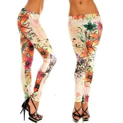 SunJas Leggings H221 Hüfthoch Schlank Hose Kunstleder, Blume