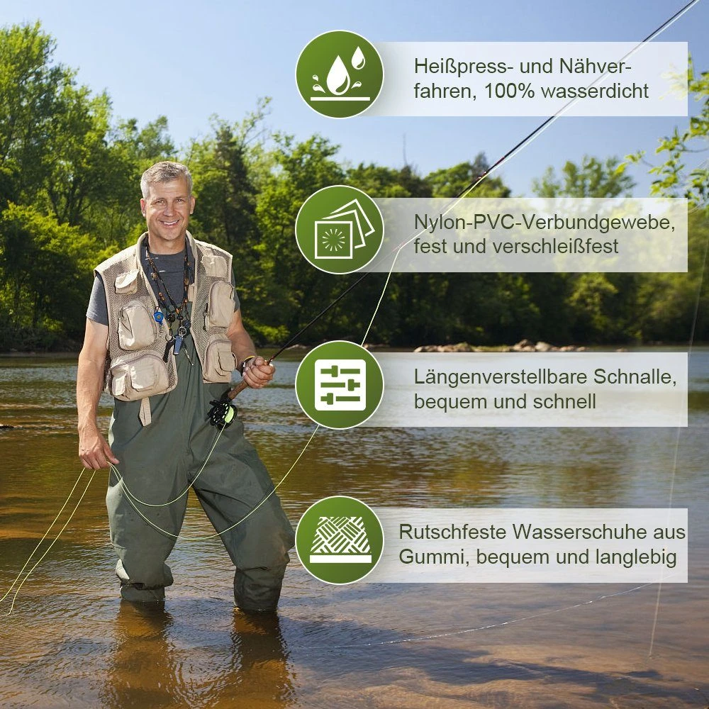 Clanmacy Wathose »(1-tlg) Anglerhose Wasserdicht PVC 70 Denier Nylon Mit Gummi Watstiefel Größe 40-47 Perfekt Watthose Und Angelhose« (set) Knieschutz,Die Einstellbaren, Lang, Rutschfeste, 100% Wasserdicht, Leicht, Robust, Super Tragekomfort, Extrem Reißfest,Rutschfest Sohle, Stiefel – Bild 5