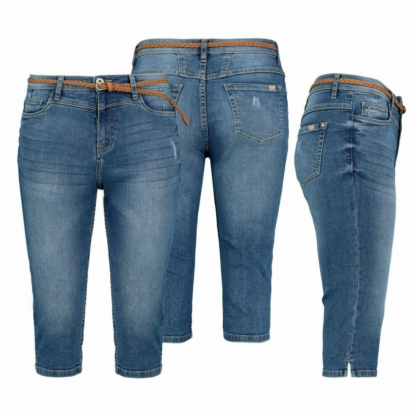 SUBLEVEL Bermudas Damen Capri Hose Jeans Shorts 3/4 Hose Short Bermuda Mit Flechtgürtel – Bild 2